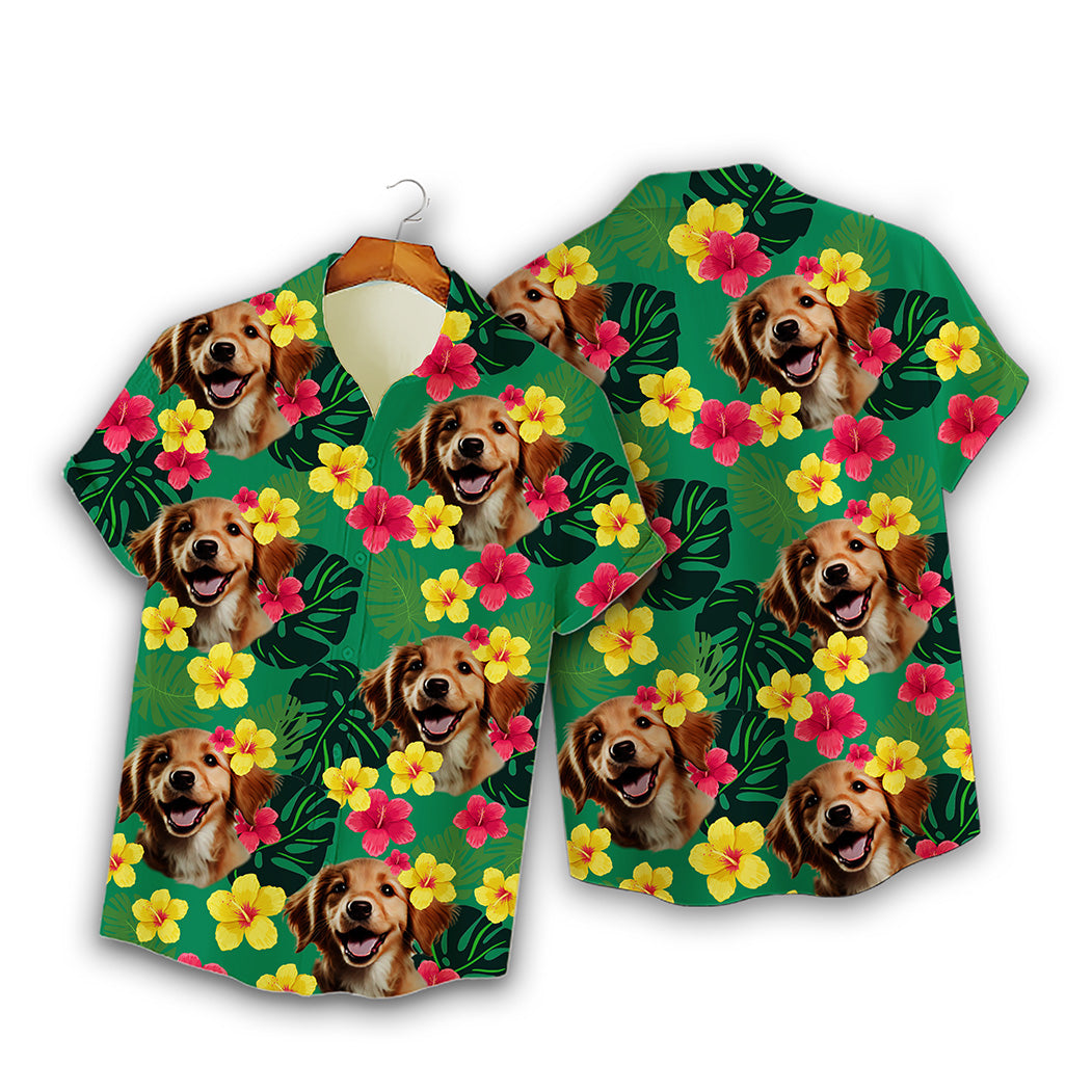 Custom Hawaiian Shirt for Pet Lovers | Personalized Pet Lovers Gift | Tropical Hibiscus & Leaves Pattern Green Color Aloha Shirt