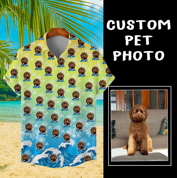 Custom Hawaiian Shirt for Pet Lovers | Personalized Pet Lovers Gift | Surfing Waves & Palm Trees Pattern Ombre Color Aloha Shirt