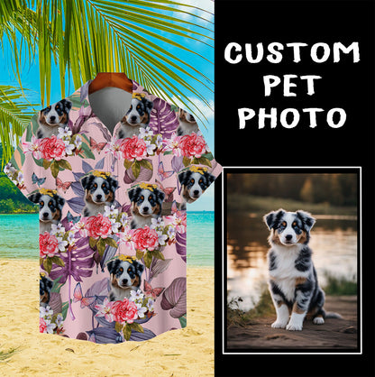 Individuelles Hawaiihemd für Tierliebhaber | Personalisiertes Geschenk für Tierliebhaber | Blumen- und tropisches Blättermuster, rosa Aloha-Shirt