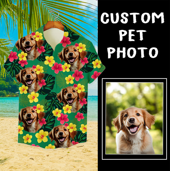 Custom Hawaiian Shirt for Pet Lovers | Personalized Pet Lovers Gift | Tropical Hibiscus & Leaves Pattern Green Color Aloha Shirt