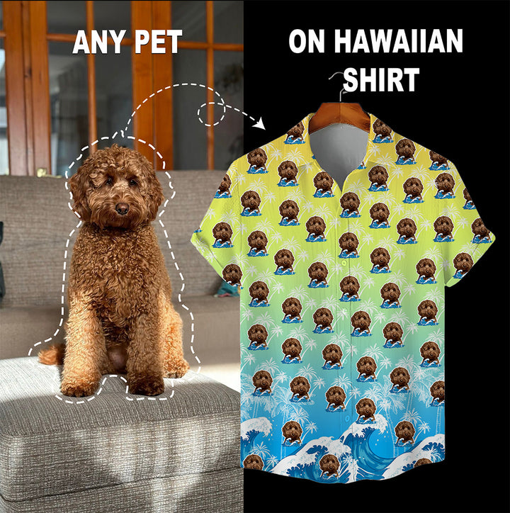 Custom Hawaiian Shirt for Pet Lovers | Personalized Pet Lovers Gift | Surfing Waves & Palm Trees Pattern Ombre Color Aloha Shirt