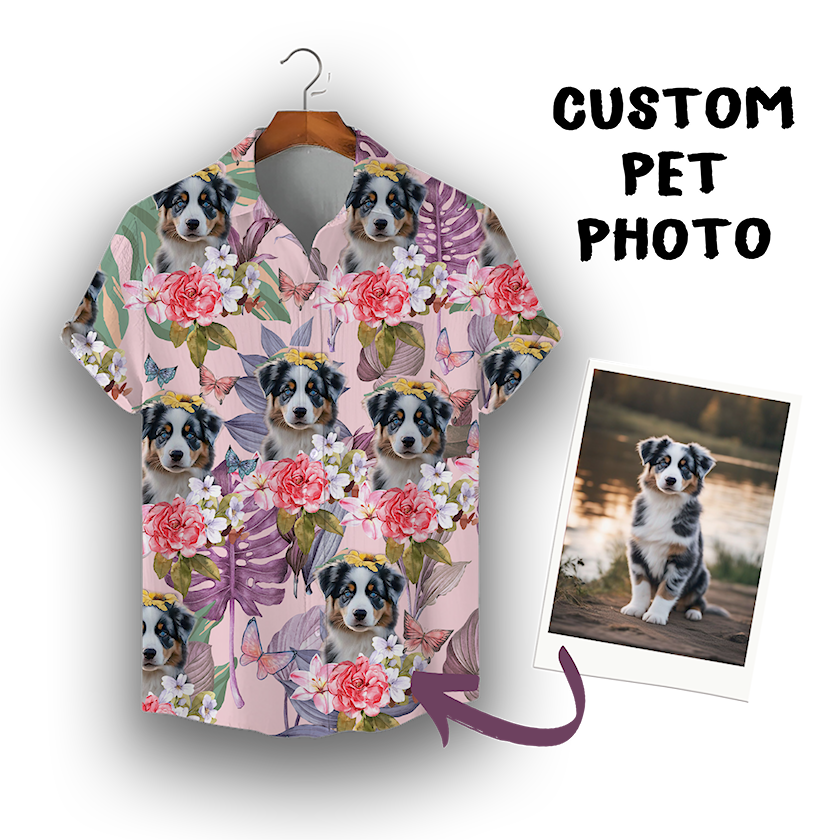 Individuelles Hawaiihemd für Tierliebhaber | Personalisiertes Geschenk für Tierliebhaber | Blumen- und tropisches Blättermuster, rosa Aloha-Shirt