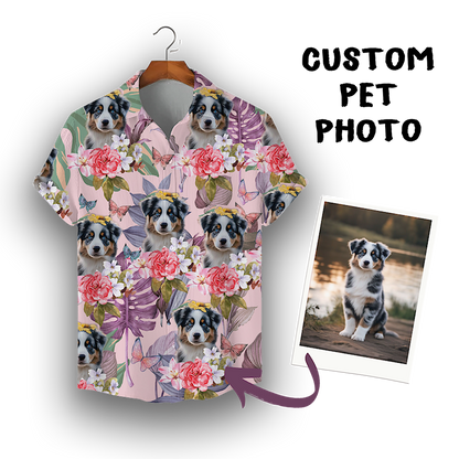 Individuelles Hawaiihemd für Tierliebhaber | Personalisiertes Geschenk für Tierliebhaber | Blumen- und tropisches Blättermuster, rosa Aloha-Shirt