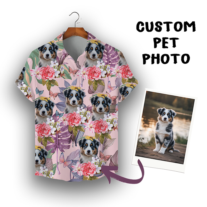 Custom Hawaiian Shirt for Pet Lovers | Personalized Pet Lovers Gift | Floral & Tropical Leaves Pattern Pink Color Aloha Shirt