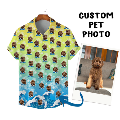 Custom Hawaiian Shirt for Pet Lovers | Personalized Pet Lovers Gift | Surfing Waves & Palm Trees Pattern Ombre Color Aloha Shirt