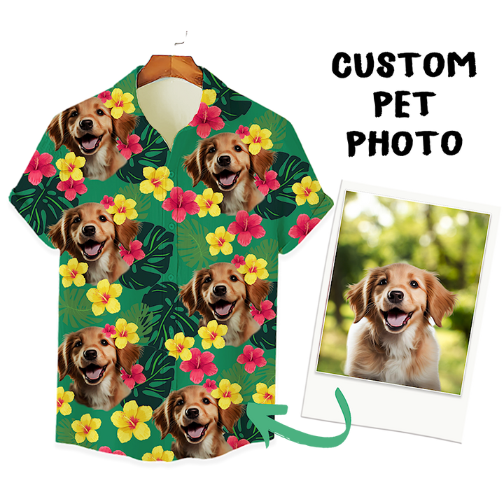 Custom Hawaiian Shirt for Pet Lovers | Personalized Pet Lovers Gift | Tropical Hibiscus & Leaves Pattern Green Color Aloha Shirt