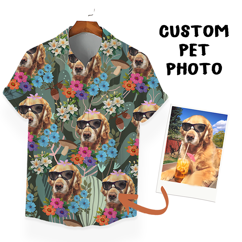 Custom Hawaiian Shirt for Pet Lovers | Personalized Pet Lovers Gift | Floral & Tropical Leaves Pattern Dark Color Aloha Shirt