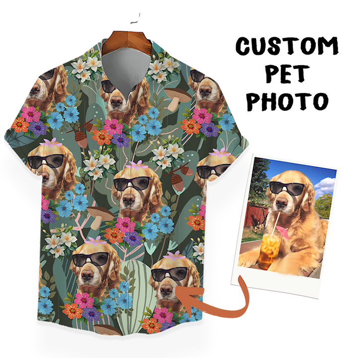 Custom Hawaiian Shirt for Pet Lovers | Personalized Pet Lovers Gift | Floral & Tropical Leaves Pattern Dark Color Aloha Shirt