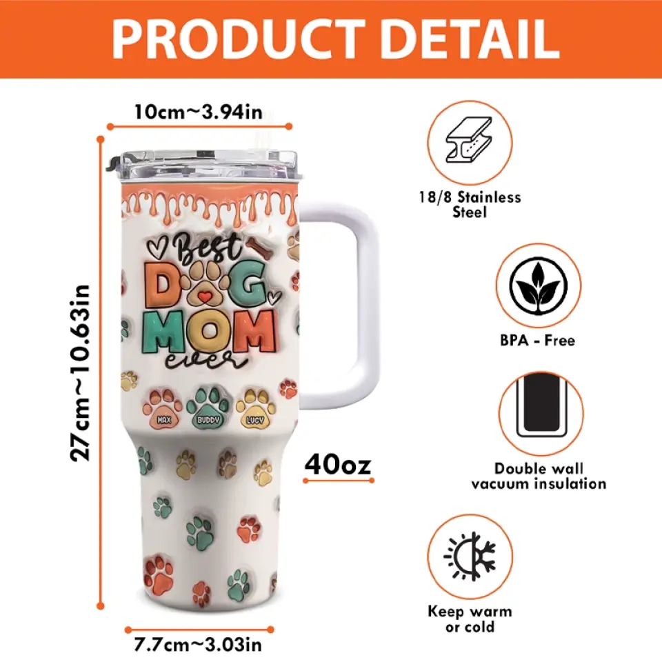 Best Dog Mom Ever - Dog & Cat Personalized Custom 3D Inflated Effect Printed 40 Oz Stainless Steel Tumbler With Handle - Gift For Pet Owners, Pet Lovers