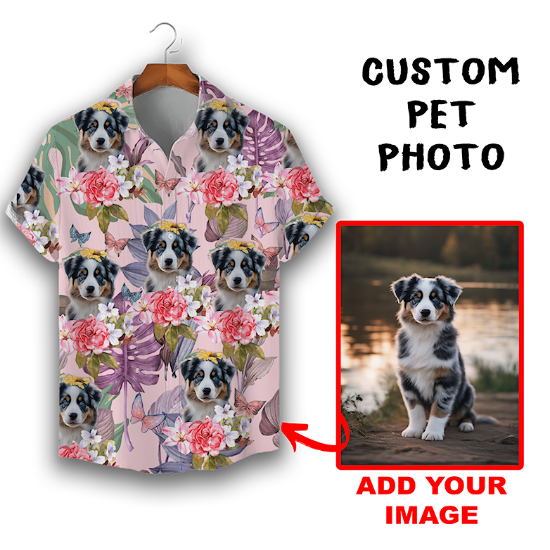 Individuelles Hawaiihemd für Tierliebhaber | Personalisiertes Geschenk für Tierliebhaber | Blumen- und tropisches Blättermuster, rosa Aloha-Shirt