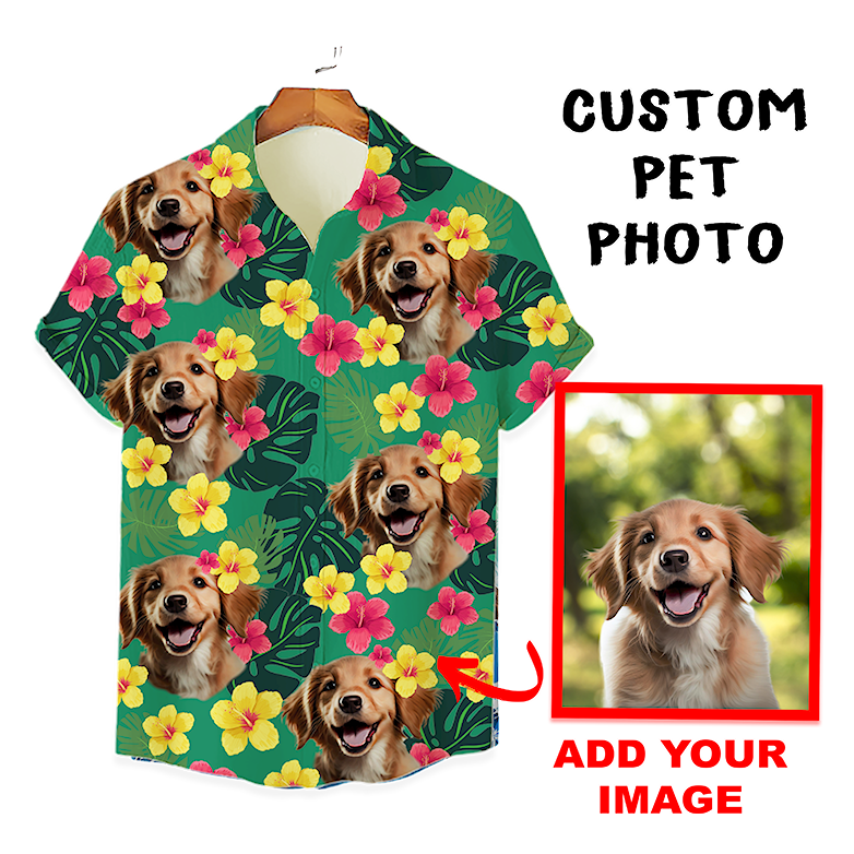 Custom Hawaiian Shirt for Pet Lovers | Personalized Pet Lovers Gift | Tropical Hibiscus & Leaves Pattern Green Color Aloha Shirt