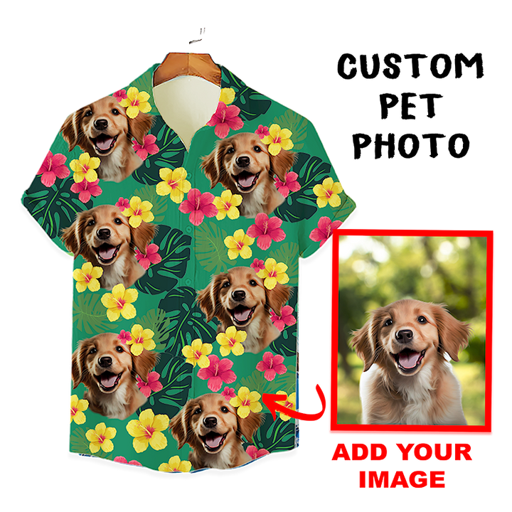 Custom Hawaiian Shirt for Pet Lovers | Personalized Pet Lovers Gift | Tropical Hibiscus & Leaves Pattern Green Color Aloha Shirt