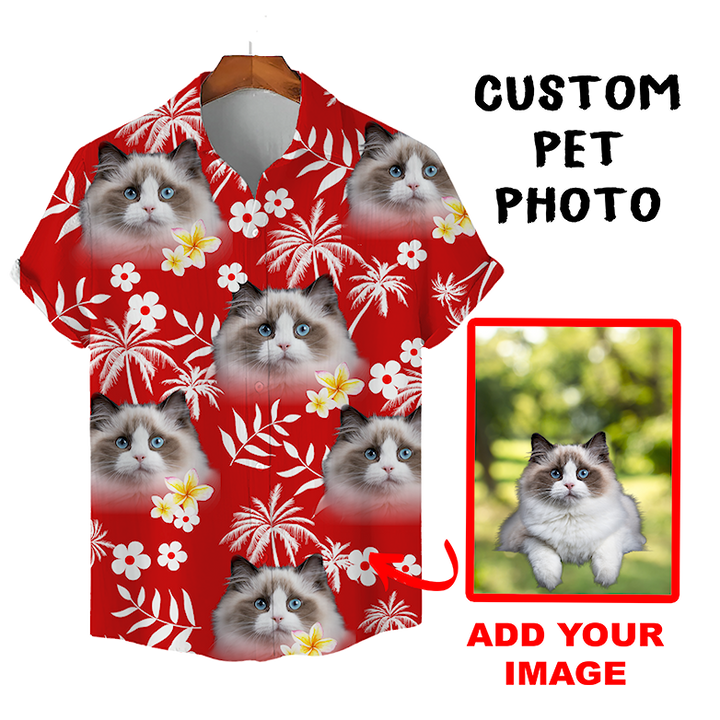 Custom Hawaiian Shirt for Pet Lovers | Personalized Pet Lovers Gift | Palm Trees & Flowers Pattern Red Color Aloha Shirt