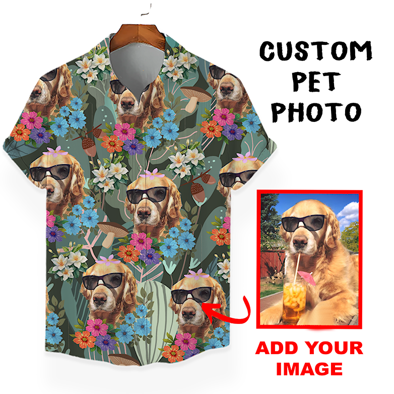 Custom Hawaiian Shirt for Pet Lovers | Personalized Pet Lovers Gift | Floral & Tropical Leaves Pattern Dark Color Aloha Shirt