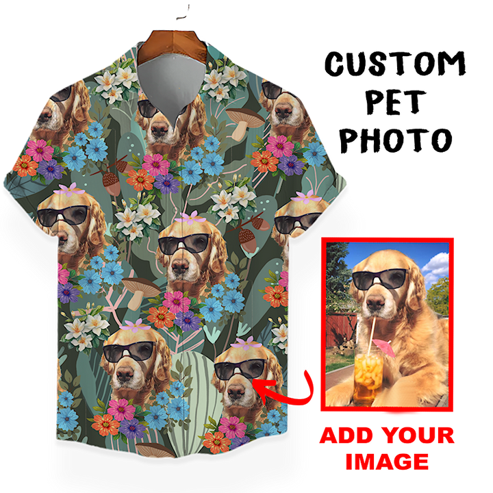 Custom Hawaiian Shirt for Pet Lovers | Personalized Pet Lovers Gift | Floral & Tropical Leaves Pattern Dark Color Aloha Shirt