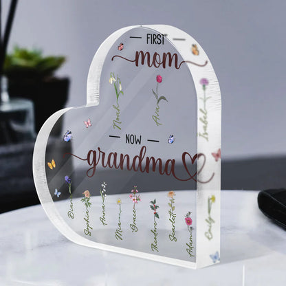 Personalized Heart-Shaped- First Mom Now Grandma Acrylic Plaque